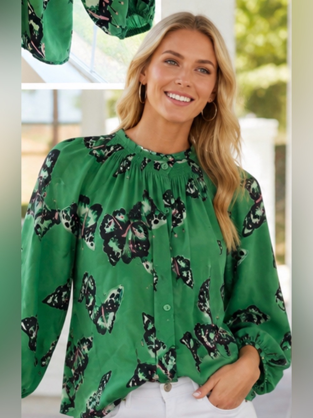 Tucker Green Butterfly-Print Blouse with Pink and Black Accents